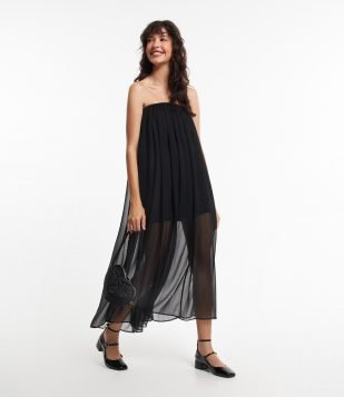 Vestido New Midie em Chiffon Tomara que Caia com Franzido Preto