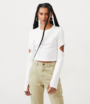 Blusa Curta Em Cotton Com Manga Longa Com Aberturas Branco Neve