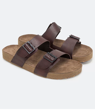 Sandália Slide Em Couro Com Tiras E Fivela Marrom