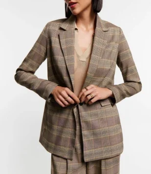 Blazer Alfaiatado com Abotoamento Botão Único e Estampa Xadrez Bege