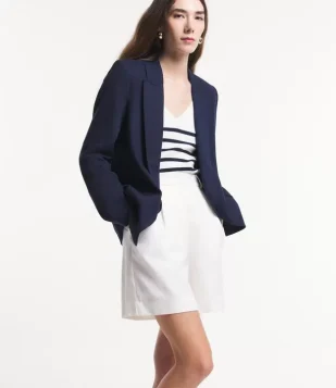 Blazer em Viscose com Forro Listrado Azul Marinho