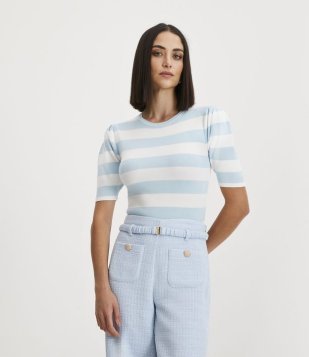 Blusa Curta Em Tricô Com Mangas Bufantes E Estampa De Listras Azul