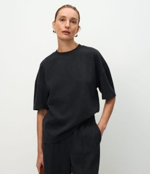 Blusa Moletom Oversized com Manga Curta Cinza Chumbo