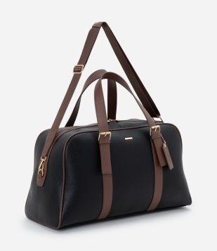 Bolsa Mala Bicolor em PU com Metais Dourados Preto