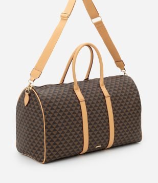 Bolsa Mala Grande em PU com Estampa Triângulos Marrom