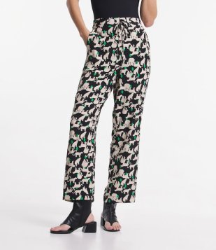Calça Fluída Em Crepe Com Bolsos E Onças Estampadas Preto