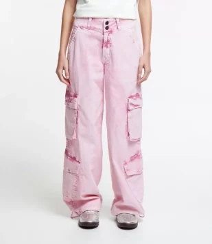 Calça Wide Leg Cintura Alta em Sarja Marmorizada Rosa