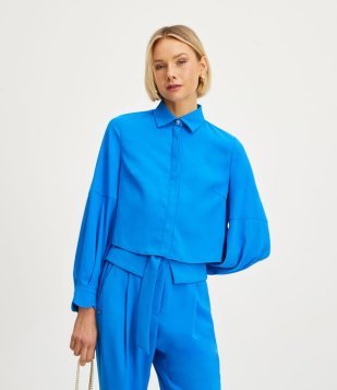 Camisa Curta Em Crepe Com Mangas Bufantes E Punhos Diferenciados Azul