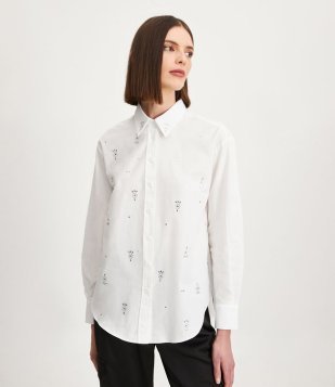 Camisa Em Tricoline Com Aplicações De Brilhos Frontal Off White