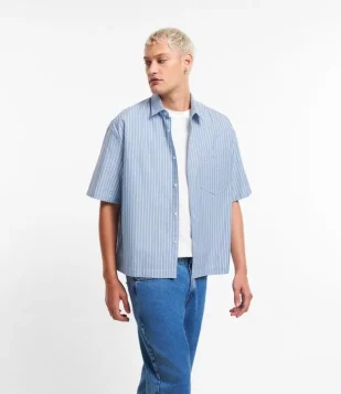 Camisa Oversized Boxy em Oxford com Listras e Fio Tinto Azul