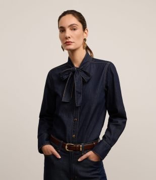 Camisa em Jeans com Laço na Gola e Botões Azul