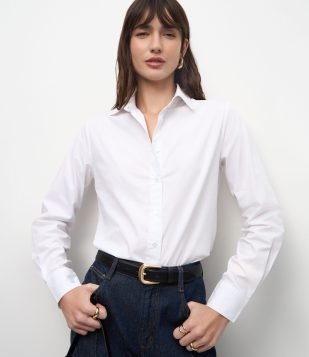 Camisa em Tricoline com Abotoamento e Punho Largo Branco Neve