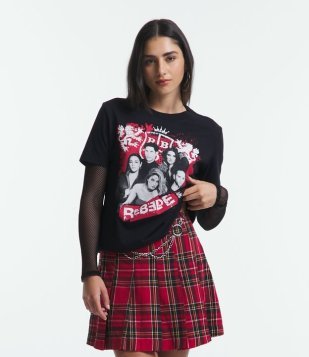 Camiseta Alongada Em Meia Malha Com Estampa Grupo RBD Preto