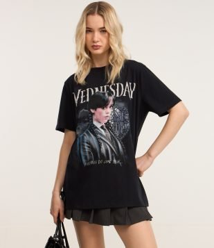 Camiseta em Algodão com Estampa Wandinha Preto