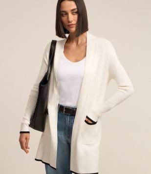 Cardigan Alongado em Tricô com Detalhes Contrastantes Branco Neve