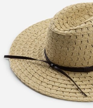 Chapéu de Praia com Palha Tramada e Fita de PU Bege