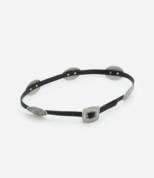 Cinto Largo com Aplicação de Moedas e Fivela Quadrada Preto