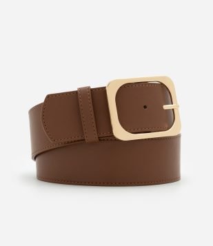 Cinto Médio em PU com Fivela Quadrada Marrom