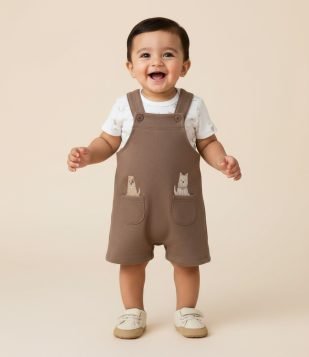 Conjunto Bebê Body e Jardineira com Estampa Animais – Tam 0 a 18 Meses Marrom e Branco