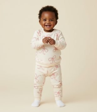 Conjunto Infantil em Moletom com Estampa de Laços – Tam 0 a 18 Meses Off White