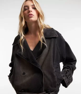 Jaqueta Biker Oversized em Jeans Dirty Washed Preto