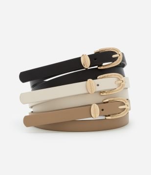 Kit Cintos Finos com Cores Contrastantes e Fivelas Texturizadas Bege-Preto-Off White