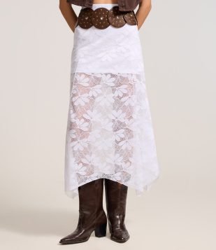 Saia Midi em Renda com Barra Assimétrica Branco