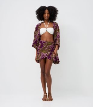 Saída de Praia Kimono em Viscolinho com Estampa de Coqueiro Roxo e Verde