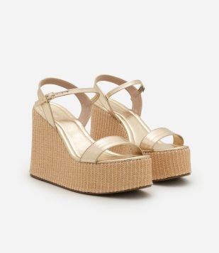 Sandália Plataforma com Salto em Ráfia e Tiras Metalizadas Dourado