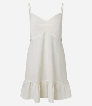 Vestido Evasê em Viscolinho com Recorte Vazado e Babado Off White