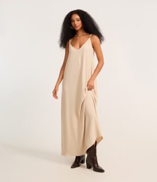 Vestido Long Midi em Crepe com Alcinhas Bege