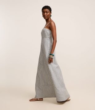 Vestido Longo Reto em Sarja Listrada e Alcinhas Azul Médio