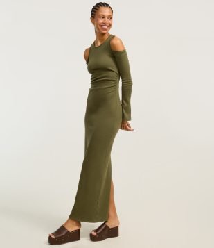 Vestido Longo em Bengaline com Algodão Agroecológico e Recorte Vazado nos Ombros Verde