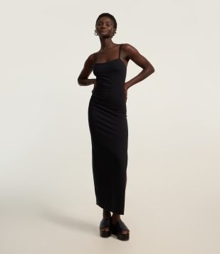 Vestido Longo em Cotton com Fenda na Lateral Preto