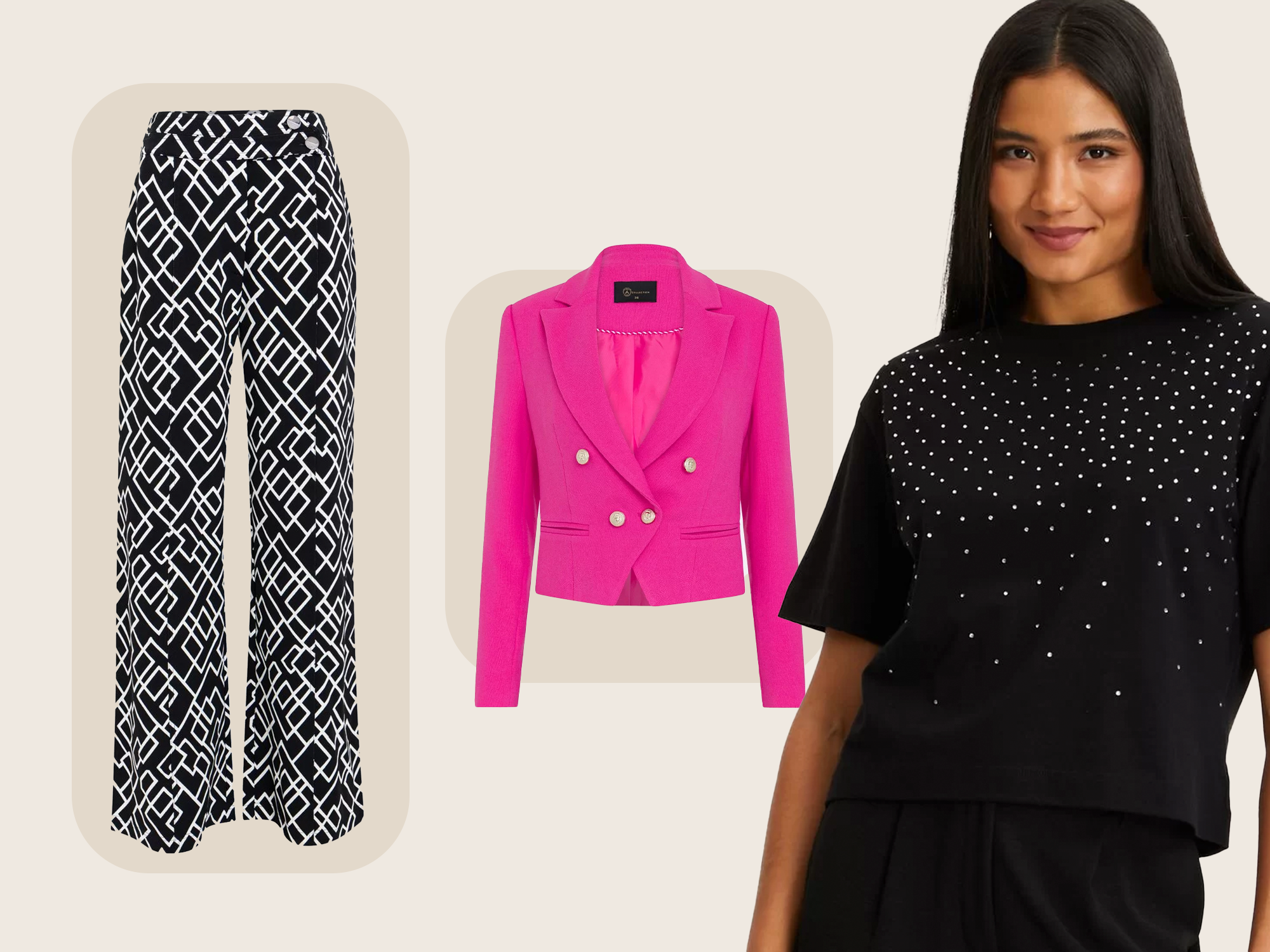 Calça wide com estampa preto e branco, blazer curto rosa, e ao lado mulher morena veste baby look preta