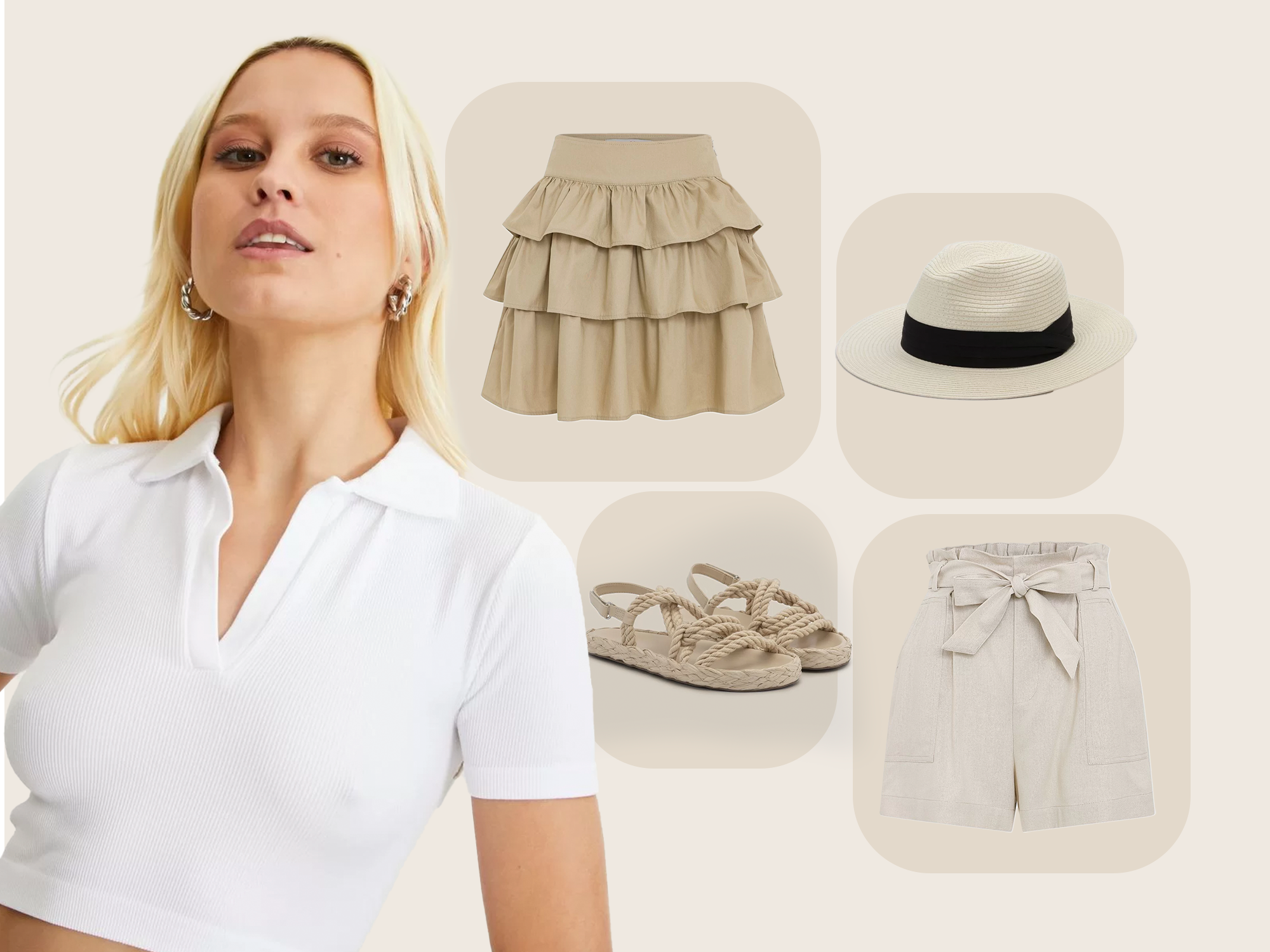 Mulher branca loira veste camiseta baby look branca, ao lado saia curta de babados bege, sandália papete bege, chapéu panamá e shorts curto em linho branco