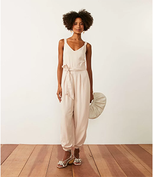 Macacão Aladim Em Linho Com Faixa Off White