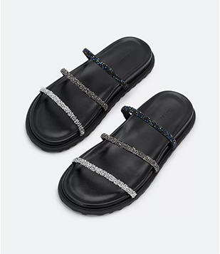 Sandália Rasteira Em PU Com Tiras Brilhosas Preto