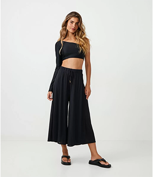 Saída De Praia Calça Pantacourt Em Poliamida Com Amarração No Cós Preto