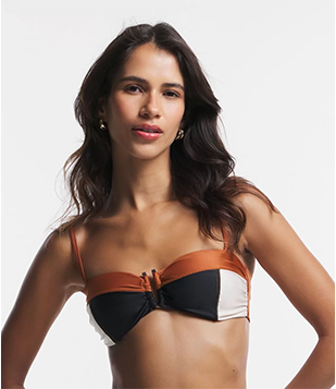 Biquíni Top Bandeau Em Poliamida Com Recortes Contrastantes Preto/ Marrom/ Branco