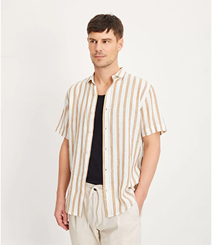 Camisa Comfort Em Linho Com Estampa Listrada Bege/ Marrom