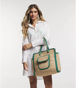 Bolsa De Praia Em Palha Com Detalhe Contrastante E Bolso Bege/ Verde