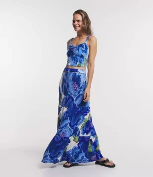 Saia New Midi Texturizada Com Estampa Floral E Trançado No Cós Azul