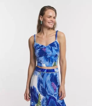 Blusa Cropped Texturizada Com Decote Coração E Estampa Floral Azul