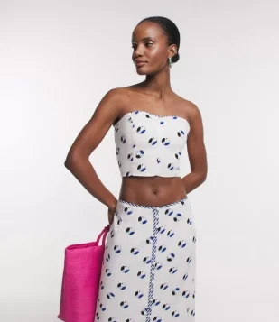 Blusa Cropped Em Linho Tomara Que Caia E Estampa De Araras Off White