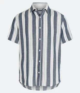 Camisa Comfort Em Linho Com Estampa De Listras Azul/ Bege