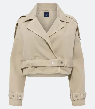 Jaqueta Trench Coat Em Jeans Com Cinto Bege