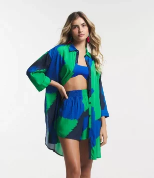 Saída De Praia Camisa Em Viscose Com Abotoamento Frontal E Estampa Manch