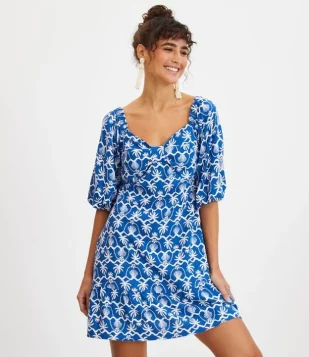 Vestido Curto Em Linho Com Manga Bufante E Estampa De Coqueiros Azul