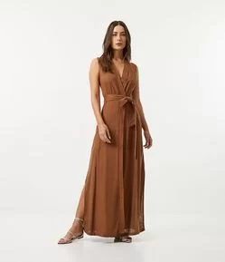 VESTIDO LONGO EM VISCOLINHO COM DECOTE TRANSPASSADO E AMARRAÇÃO